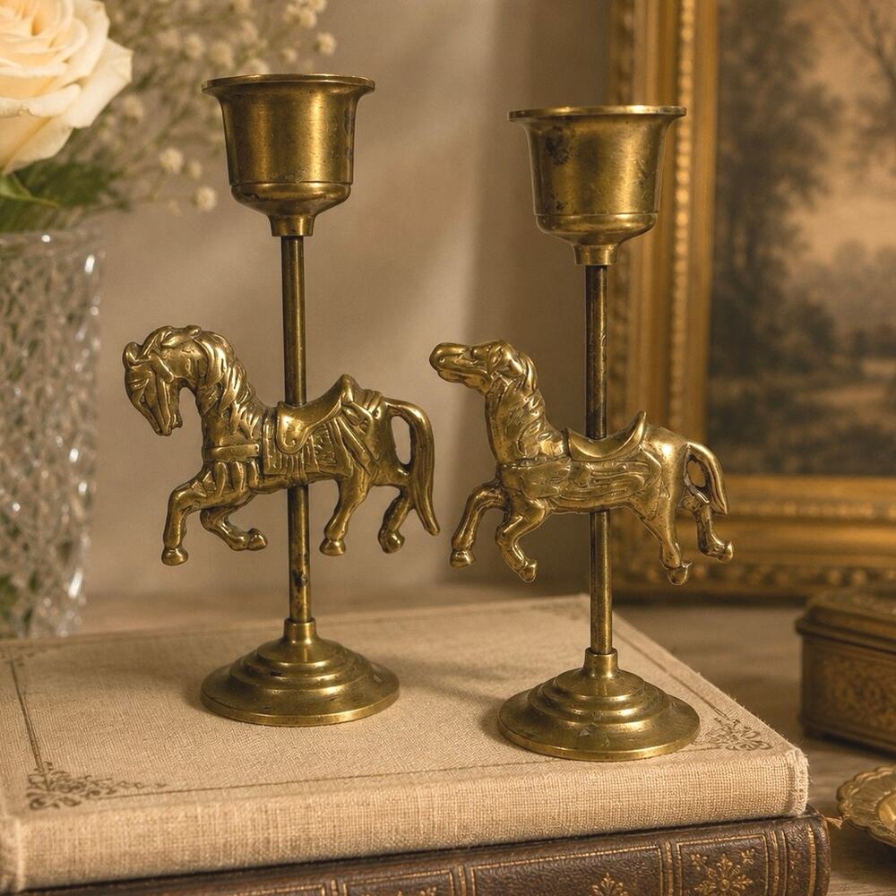 Vintage Brass Carousel Horse Ornate Candlesticks Taiwan 5 inch Candle Holders